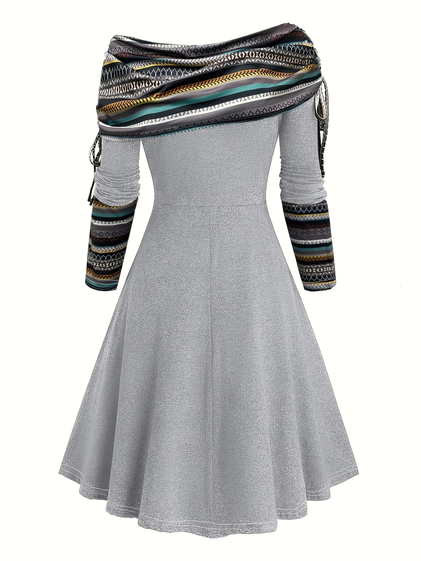 Plus sized womens dress long-sleeved knee-length elegant off-the-shoulder variable-neck striped flared long-sleeved A-line 250509