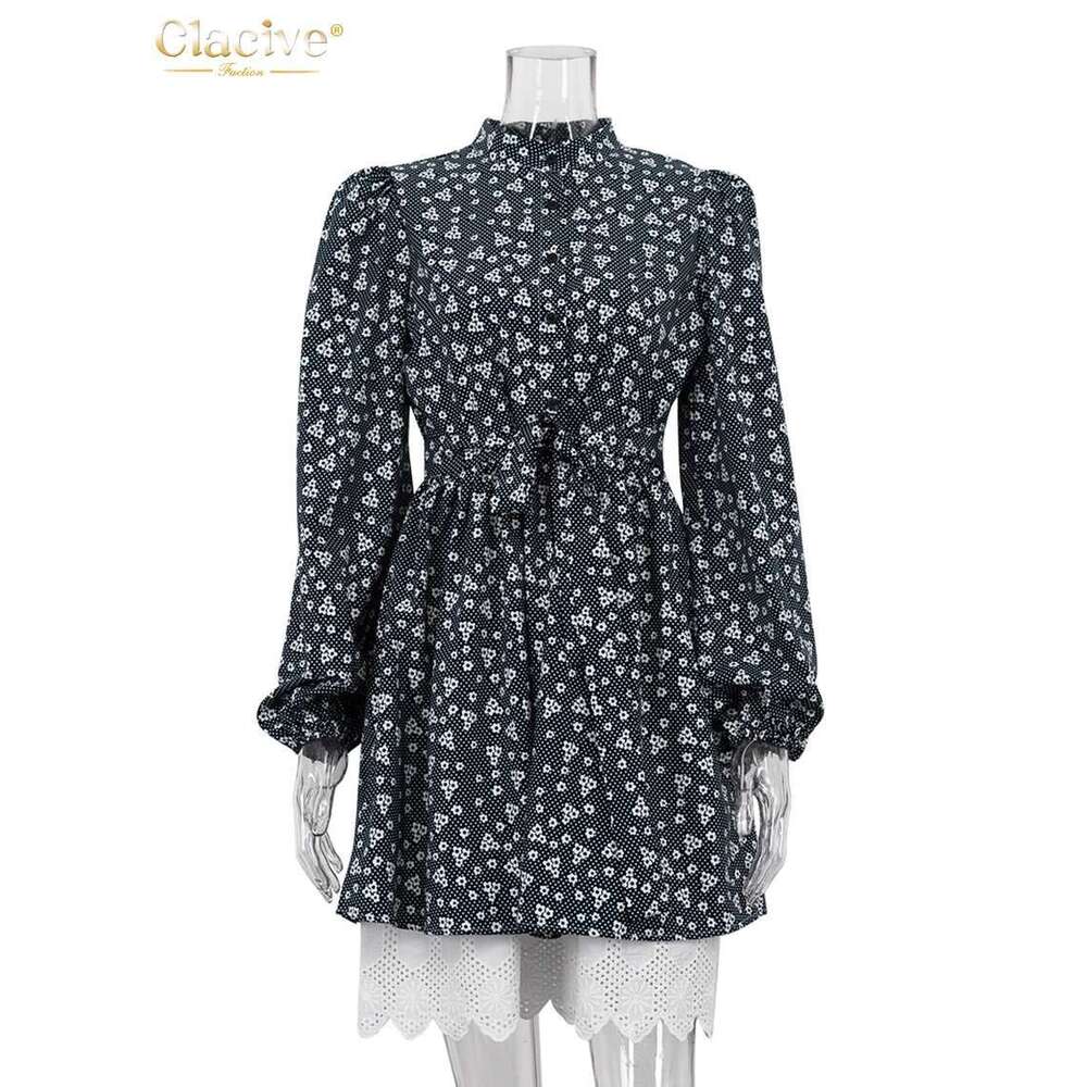 Clacive Fashion Loose Print Ladies Autumn Stand Collar Puff Sleeve Office Mini Dress Elegant Patchwork Dresses For Women