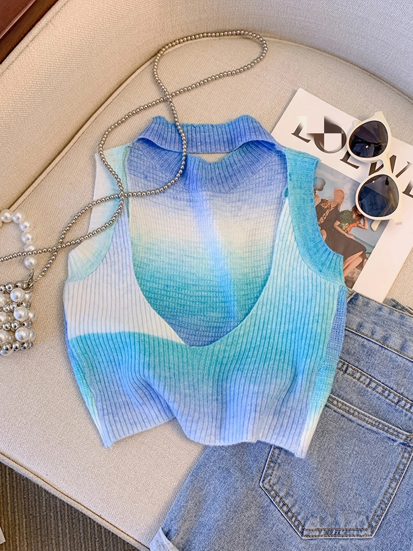 Thin Womens Tie Dye Backless Sweater Vest Sexy Sleeveless Top with Crew Neck for Fashionable Layering Mini Crop Outfits 250506