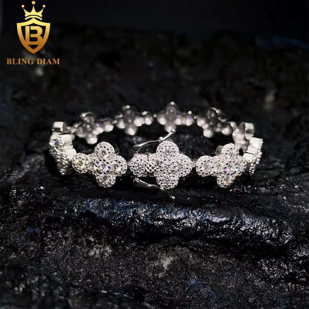 Wholesale Price Jewelry 925 Sterling Silver VVS Moissanite Cuban Link Chain Flower Cross Bracelet 10mm 13mm