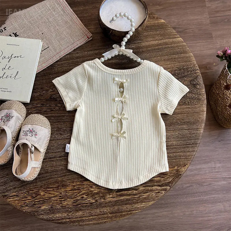2-10Y Girls Summer Shirt Hollow Bow Knitted Short Sleeve Versatile Sweet and Cute Simple Top Round Neck Childrens T-shirt 250515