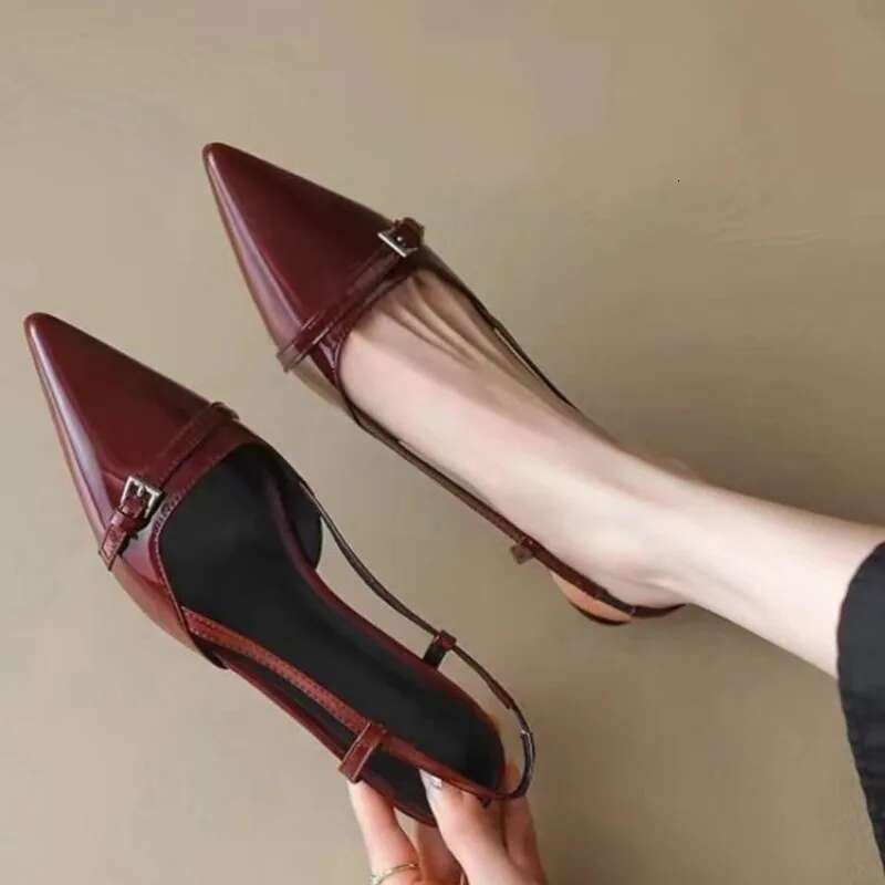 2025 New Summer French Wine Red Pointed Patent Leather Mid-heel Overhead Sandals for Women Retro Skinny Heel Back Empty Shoes