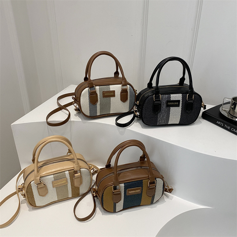 New bag texture striped contrast handheld 2025 new designer high-end retro Boston shoulder crossbody bag simple and fashionable