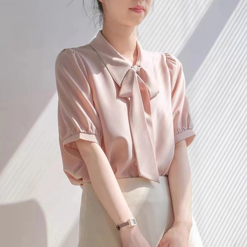 Spring Summer Elagant Chiffon Womens Bow Blouse Short Sleeve Turndown Collar Korean Casual Loose Office Shirts Female 250515