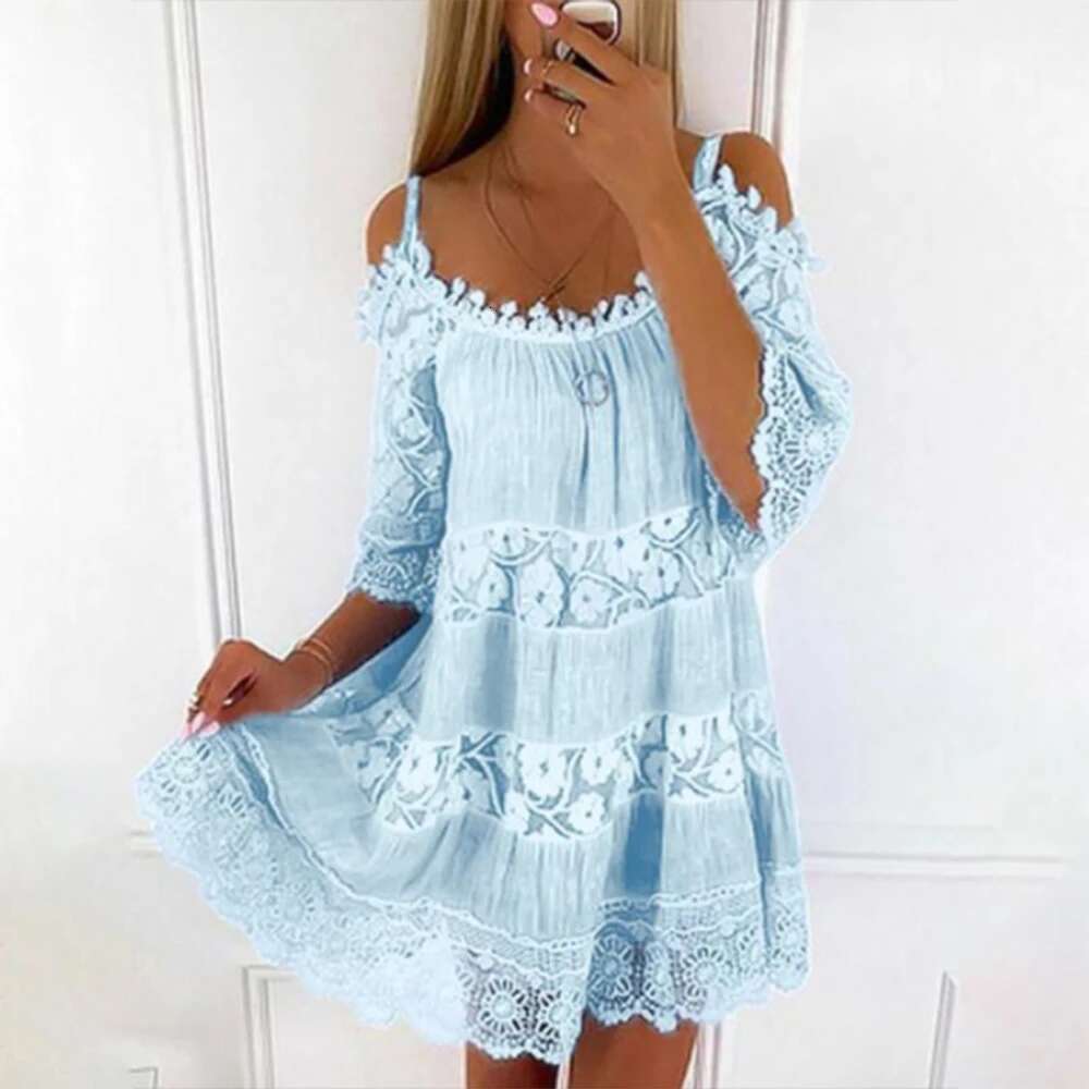 Plus Size Summer for Ladies Solid Color Sling Lace Female Elegant Loose Waist Design Dresses Casual Dress Beach Wear