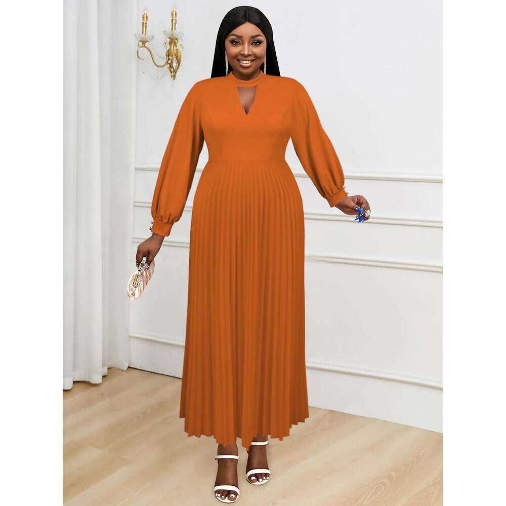 Plus Size Women Brown Maxi Pleated Party Dress Long Lantern Sleeve O Neck Cut Out Chest A-line Formal Church Robes New Gown 2024