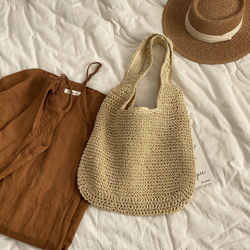 New single shoulder large capacity women's summer canvas beach vacation bag woven bag casual designer fashionable lazy style hand-held woven bag 