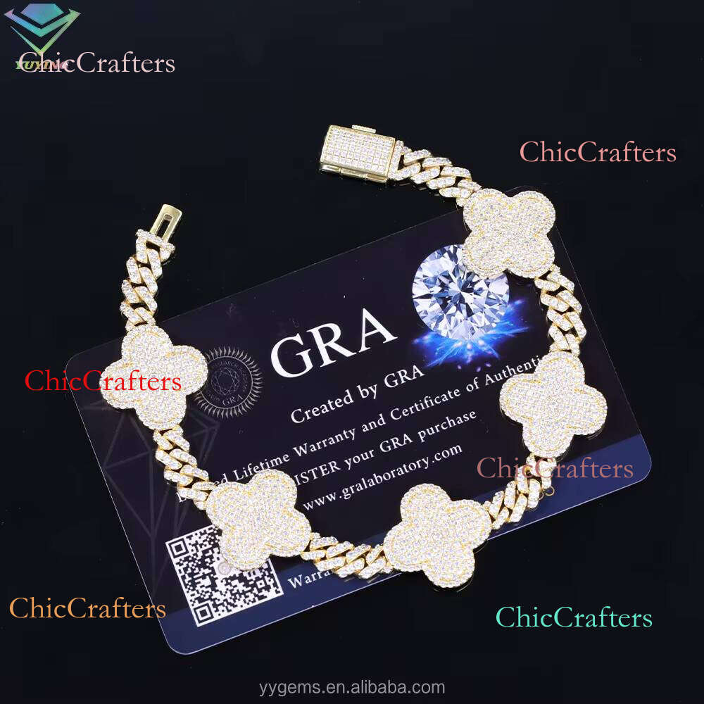 Wholesale Price Clover S Sier Gold Plated Pass Dia Tester VVS Moissanite Cuban Bracelet with GRA Certificate