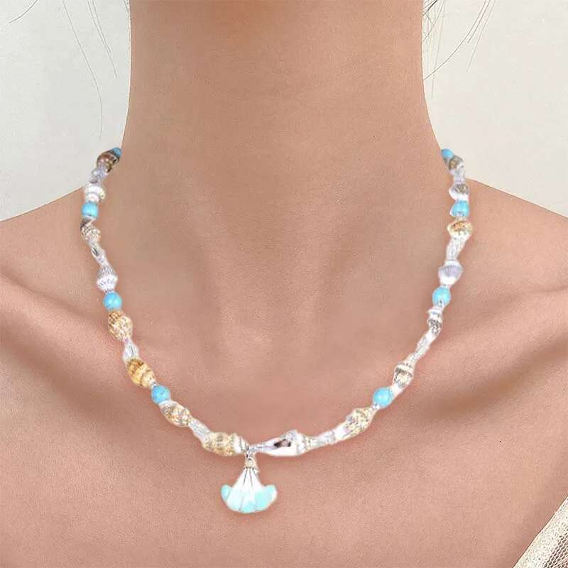 Bohemian Natural Stone Chain Clavicle Charm Starfish Conch Pendant Rice Bead Necklace Choker Women's Beach Jewelry