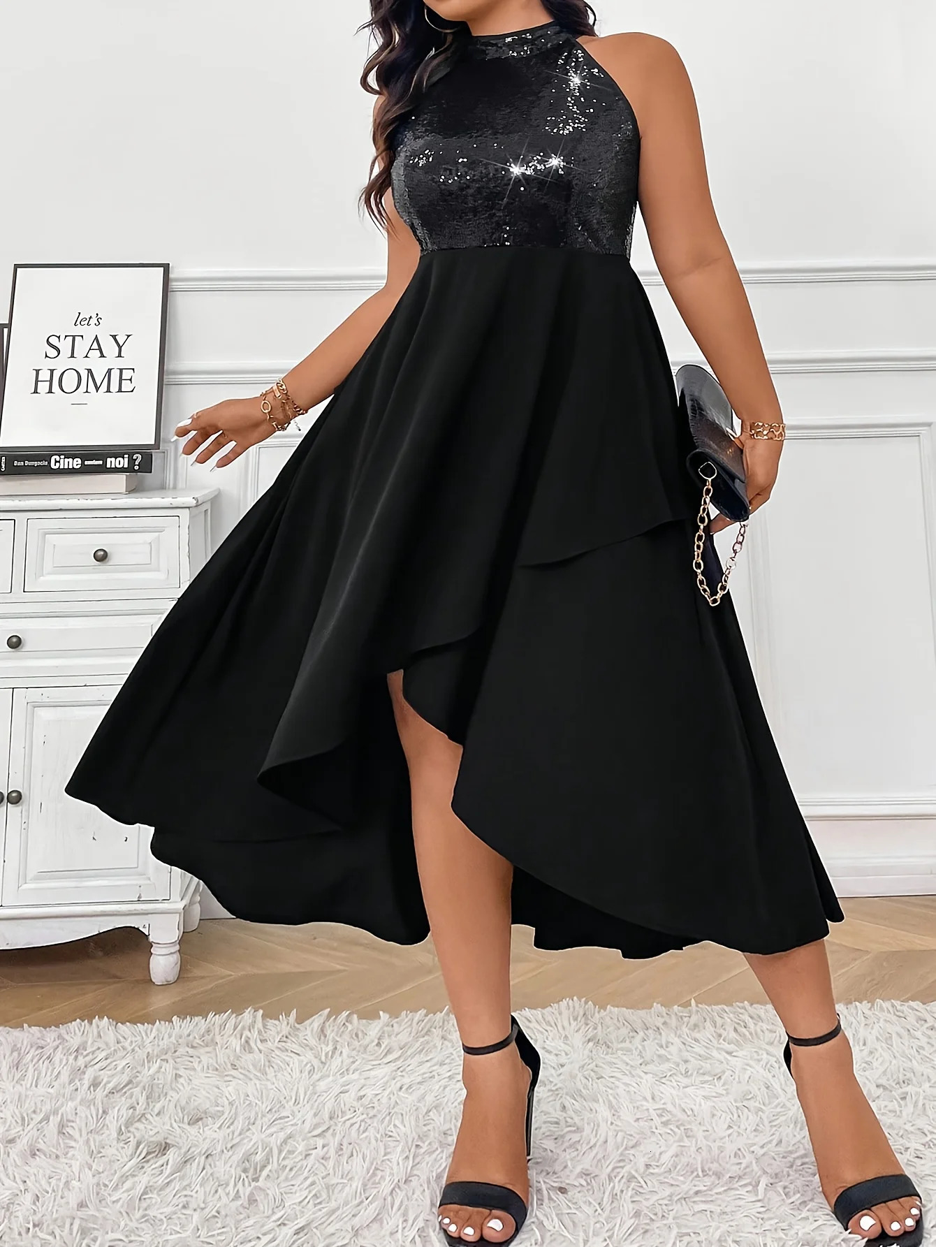 Plus Size Womens Elegant Sleeveless Sequined Trumpet Midi Dress Casual Weekend Outfit All Seasons Sequined Vest Dress 250509