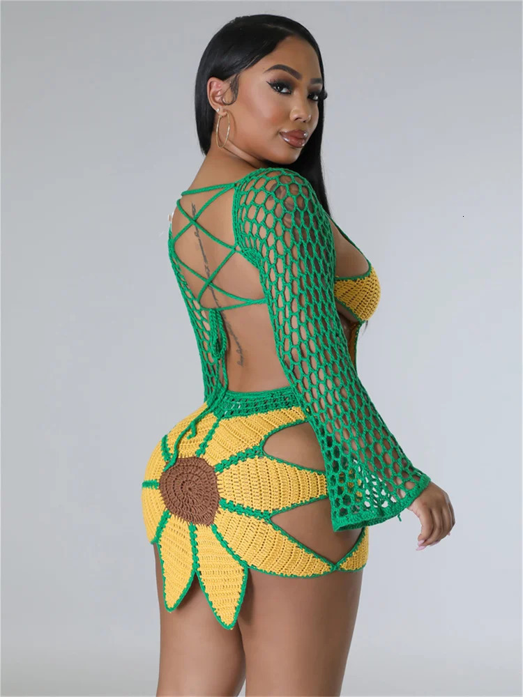 Weird Puss 2 Piece Sets Women Outfit Crochet Sunflower Backless Hollow TopsSkinny Skirt Beach Party Summer Trend Matching Suits 250515
