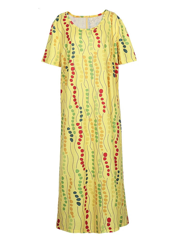 Plus size 5XL yellow long dress for womens summer 2025 polka dot printed short sleeved Aline fashionable casual bohemian 250506