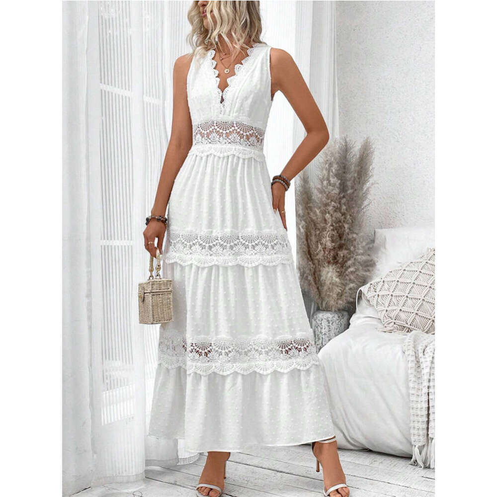 White Dress Maxi Dress 2024 Summer New VCAY Women's Lace Spliced V-Neck Sleeveless Dress KQ