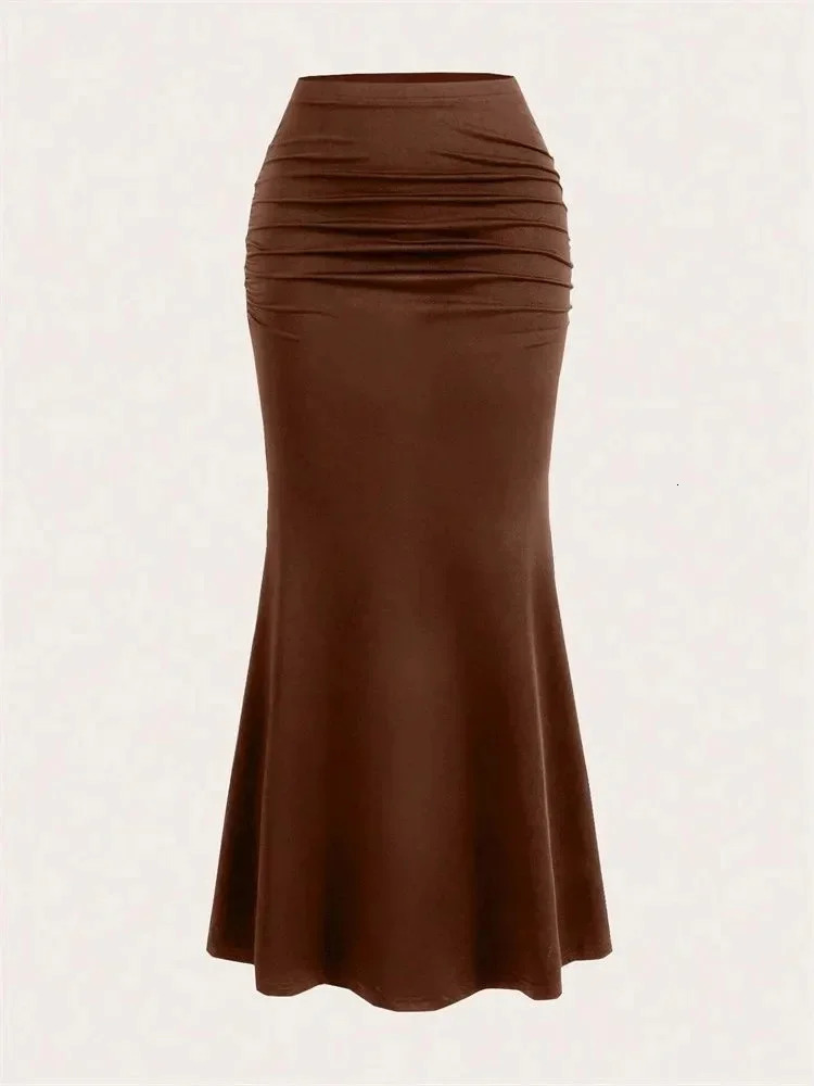 Solid Bodycon Ruched Long Skirt Women Sexy Black Elastic Elegant High Waist Mermaid Maxi Skirts Summer Streetwear 250514