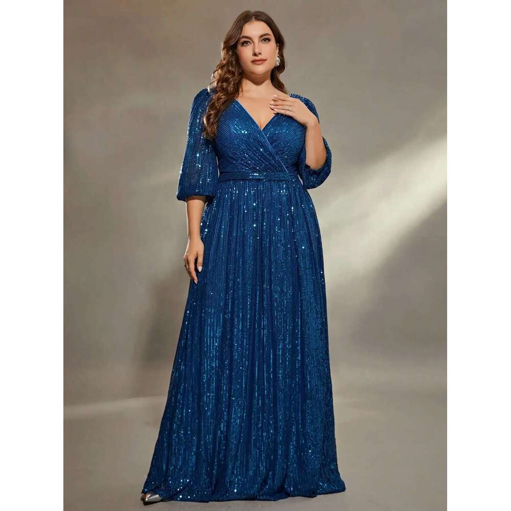 Mgiacy plus size V-neck bust pleated mid-long sleeve A-frame sequin long Evening gown PROM Party dress