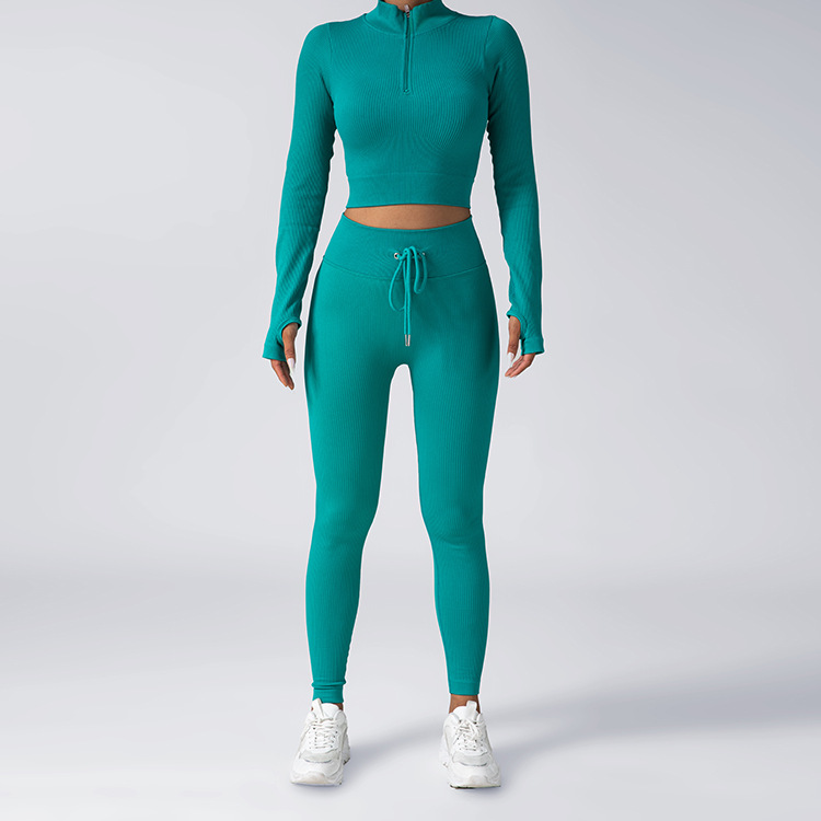 Solid color fashion hot style zipper fitness long sleeve drawstring sports slim high elastic trousers two-piece yoga suit for women