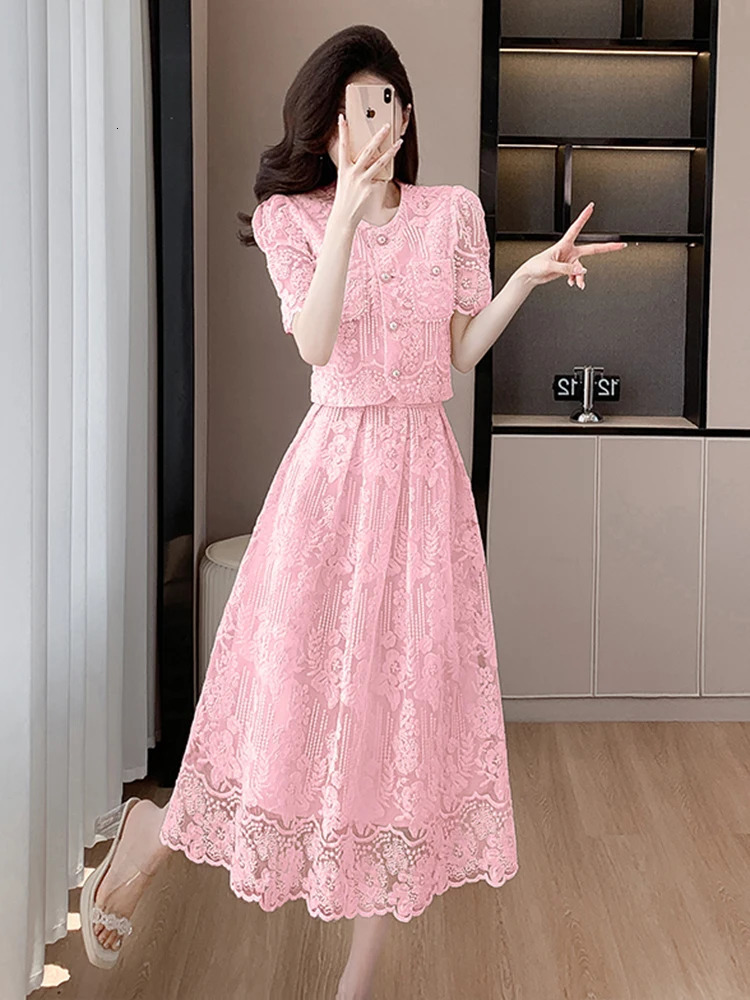 Summer y Lace 2 Piece Set Chic Women Beaded Flower Single Breasted Short Top A Line Midi Skirt Suits High Qu 250515
