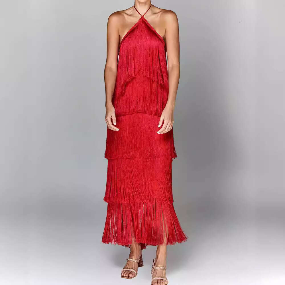 White Dress Maxi Dress Gy25044 Fashion Hanging Neck Tassel Open Back Split Dress KQ
