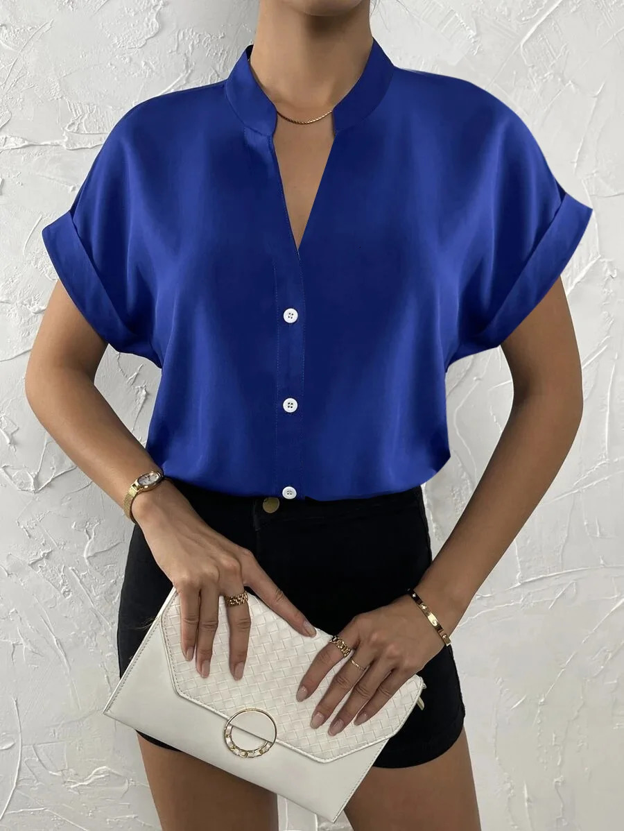 Summer V-neck Pullover Short Sleeved Female Solid Color Casual Shirt Womens Clothing Button Office Lady Blouse Tops 250514