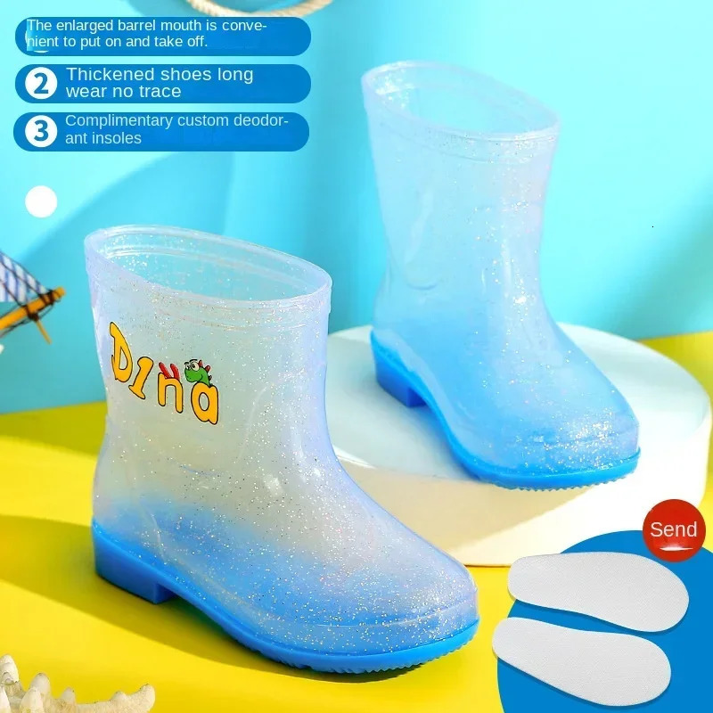 Sequin Transparent Childrens Rain Boots Cartoon Pattern Kids Anti Slip Waterproof Soft Sole Thick Bottom Shoes Rainy Weather 250515
