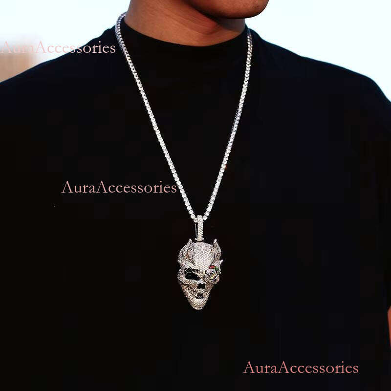 Bling Hip Hop Jewelry White Gold Plated Brass AAAAA CZ Dia Skull Head Necklace Mens Iced Out Pendant