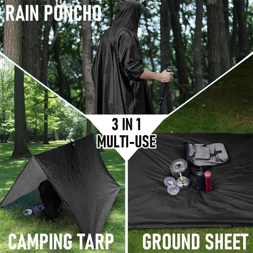 3 In 1 Outdoor Military Raincoat Hooded Sleeve Waterproof Rain Poncho Motorcycle Rain Cover Camping Hiking Travel Rainwear Tent 250515