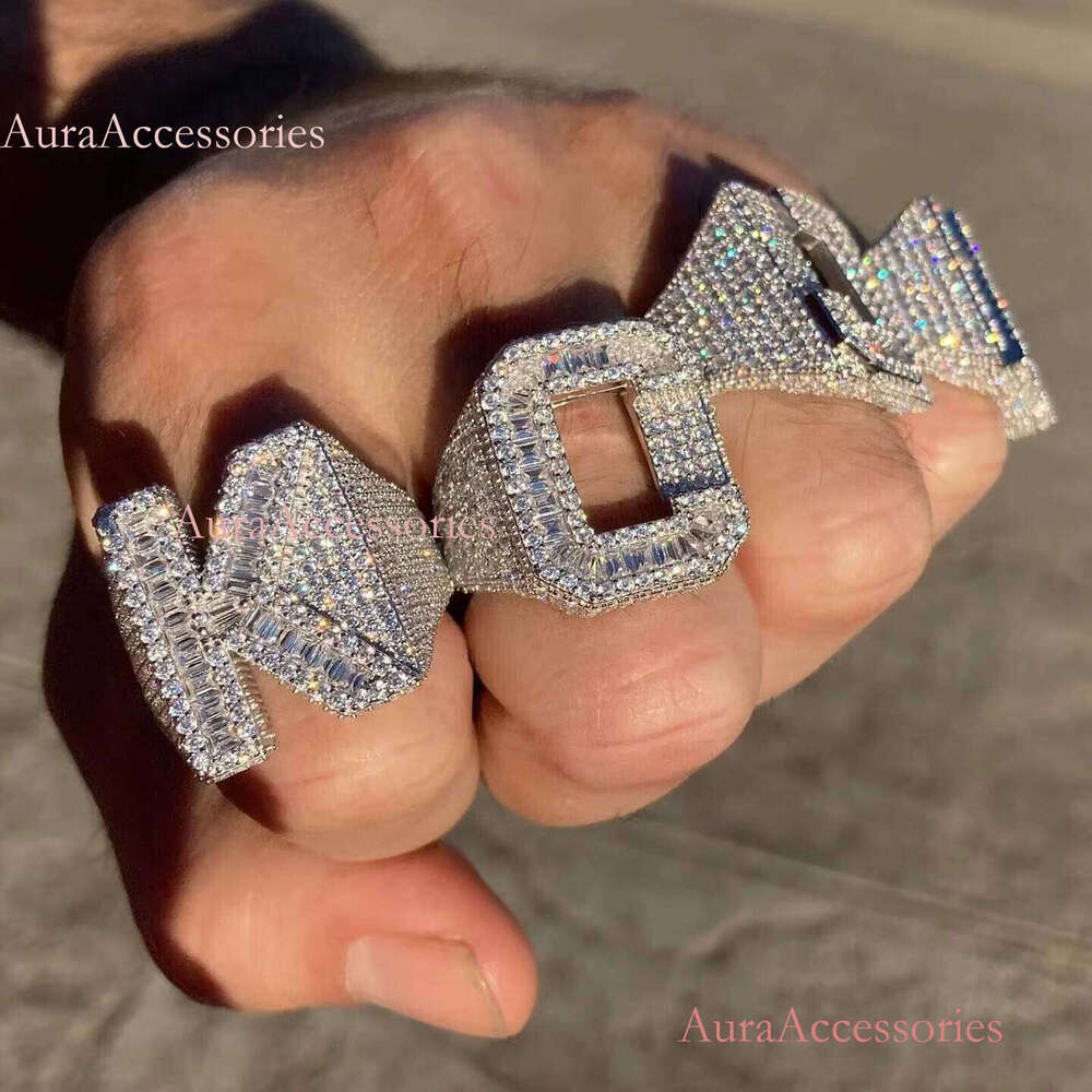Iced Out Sterling Sier Baguette VVS Moissanite Dia Custom Hip Hop Letter Ring for Men
