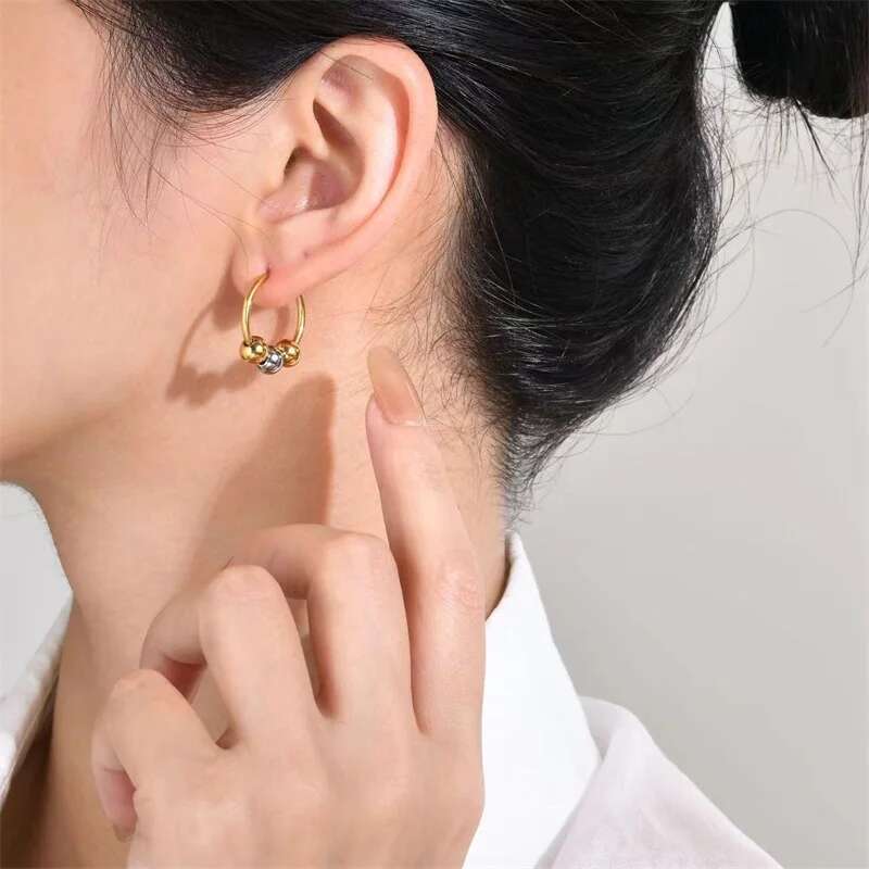 GANEMLY 316L Stainless Steel Beads Balls Necklace Earrings For Women Fashion Party Gift Gold Plated Waterproof Jewelry Set