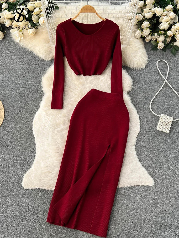SINGREINY Autumn Sweater Two Pieces Suits Long Sleeves Knit Top Elastic Waist Slim Split Skirt Sets Women Warm Knitted Suit 250515