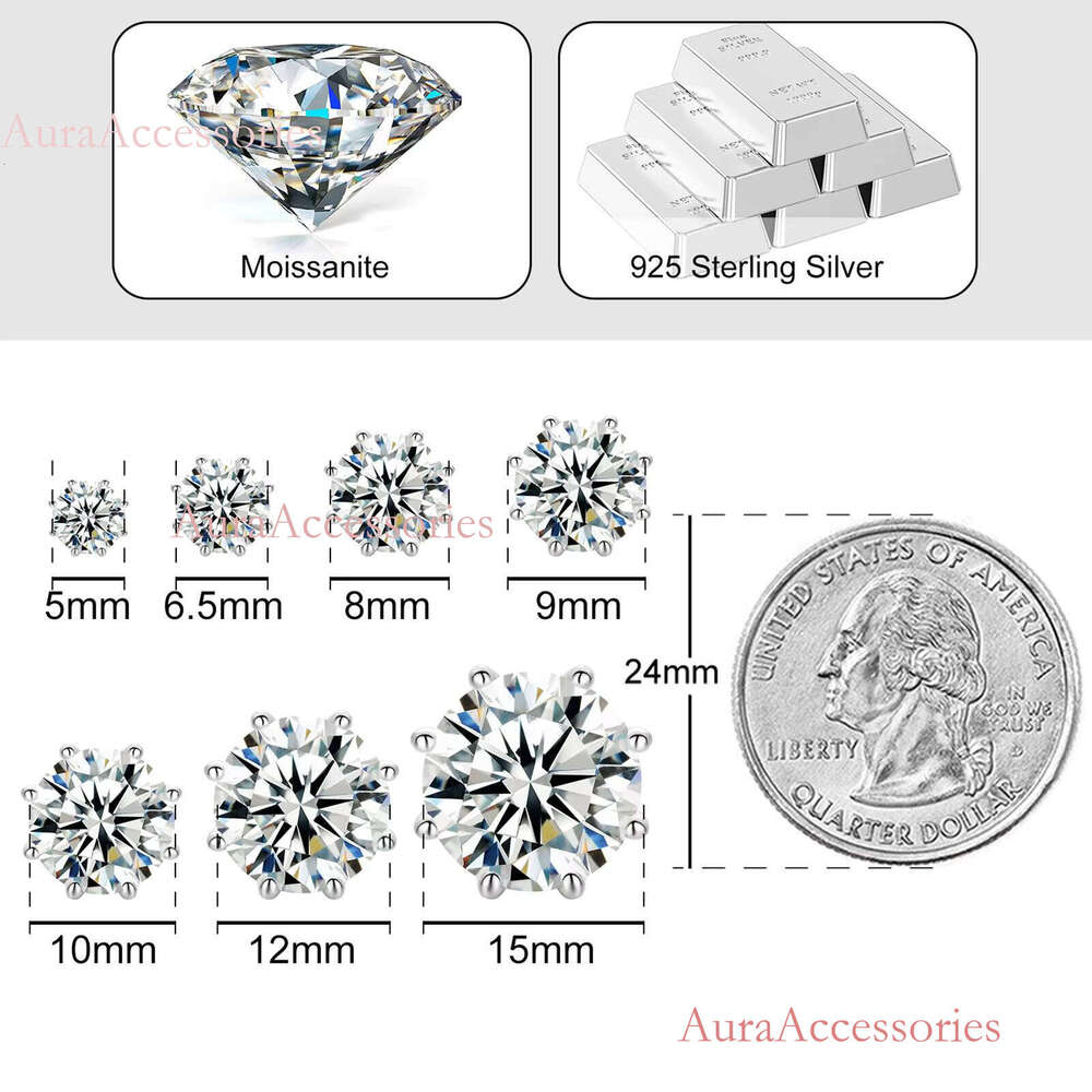 Men Women Jewelry 5mm~15mm Sterling Sier 8 Prong Set Push Back Moissanite Dia Big Stud Earring for Gift