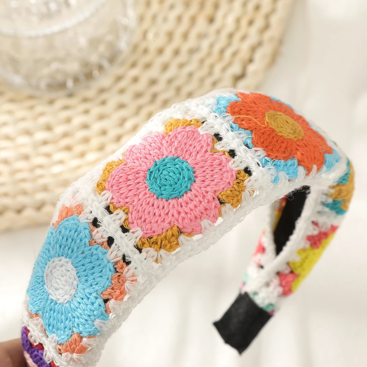 AWAYTR Patchwork Knitted Floral Hair Band Women Plastic Bezel Girls Hair Hoop Thin Edge Headband Hair Accessories Hairband 250509