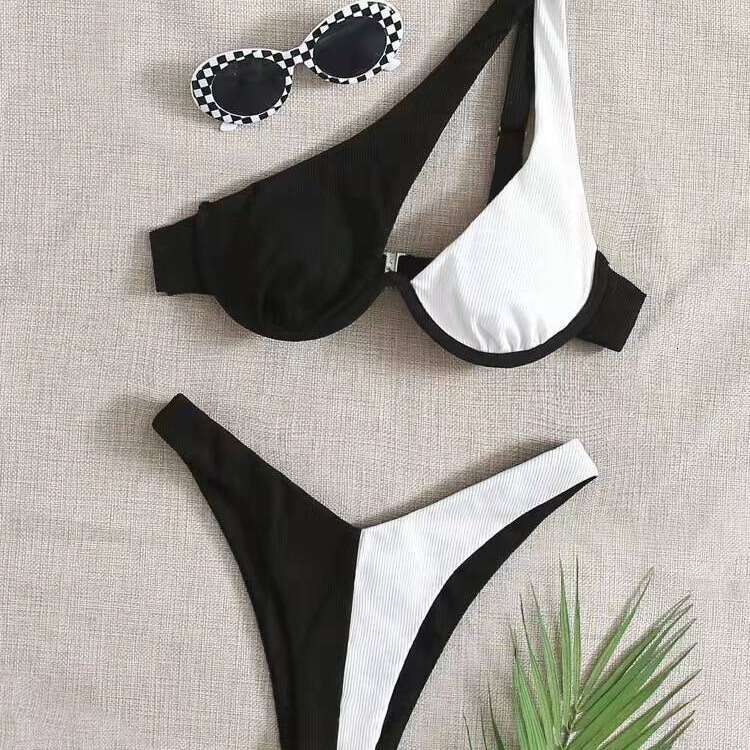 New European and American popular multi-color sexy women's split sinle shoulder steel support bikini BIKINI swimsuit, 2025 new casual versatile f