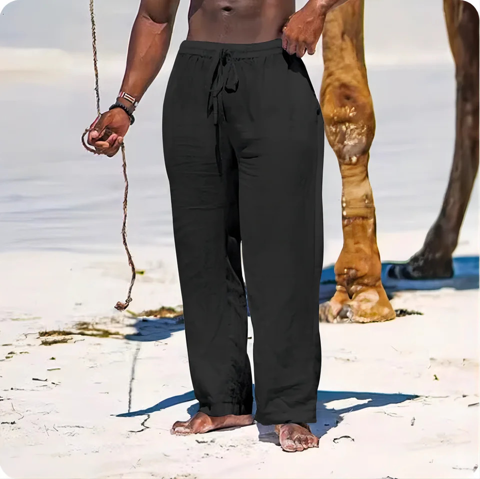 Mens Beach Solid Color Pants Joggers Streetwear Cotton Linen Sweatpants Casual Hawaiian Vacation Loose Summer Long S4XL 250515