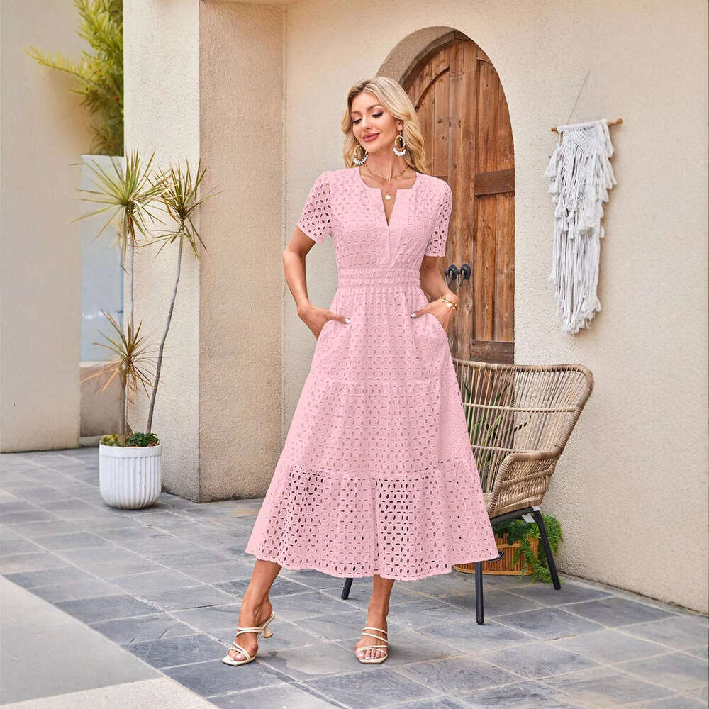 White Dress Maxi Dress 2025 Women's V-Neck Hollow Hole Pleated Short Sleeved Long Dress KQ