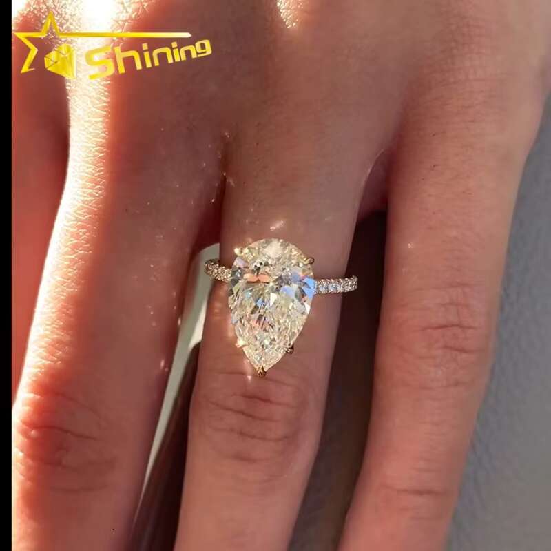 CVD/HPHT Lab Diamonds Solitair Plain Band Custom Luxury 14K Real Gold Pear Cut Moissanite Diamonds Wedding/Engagement Rings