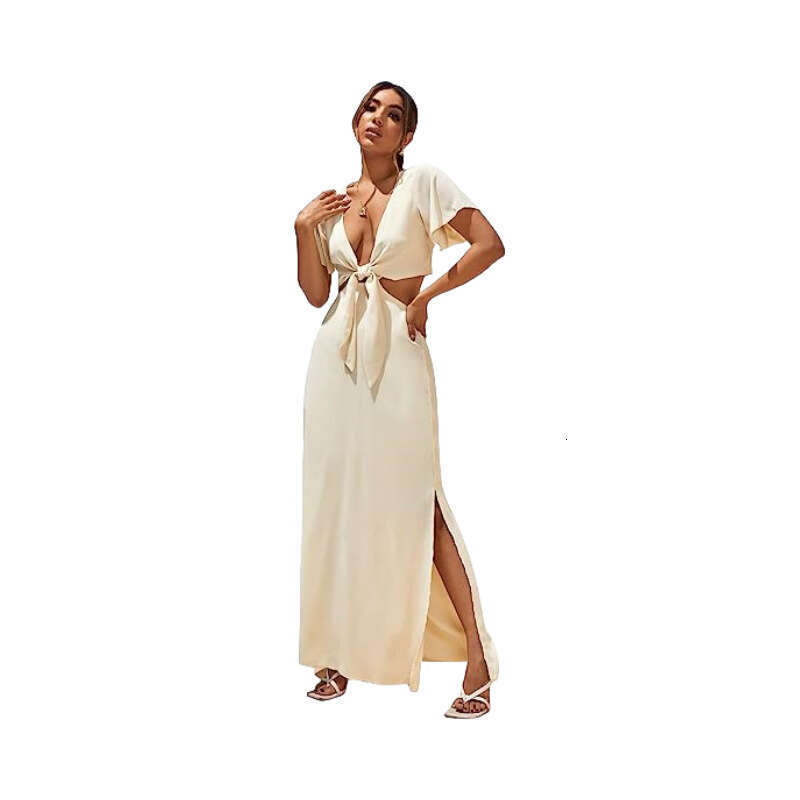 White Dress Maxi Dress 2023 Women's Super Long Front Lace Up Split Hem A-Line Dress Casual New KQ