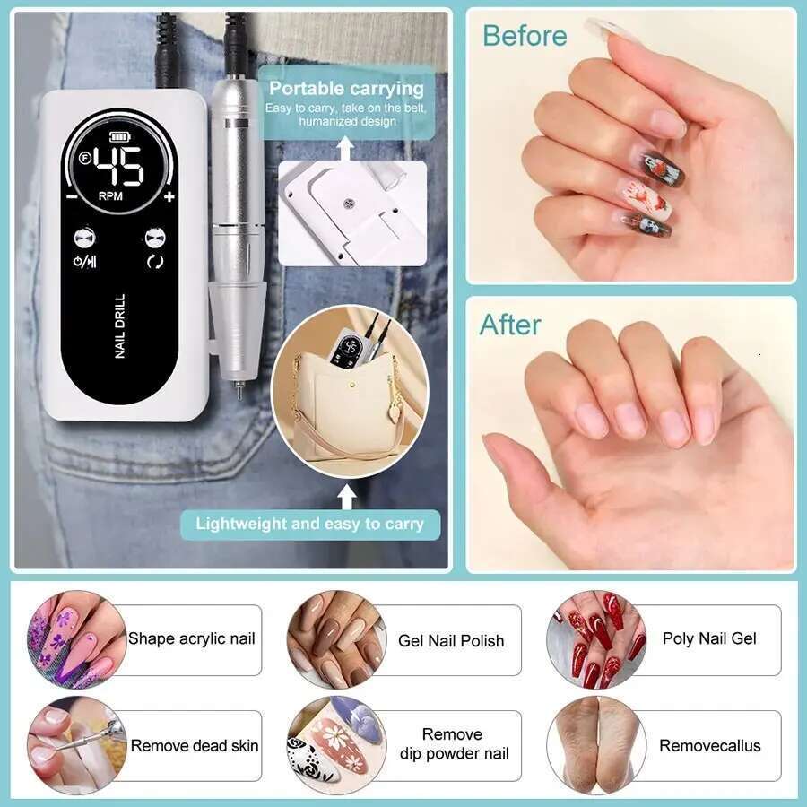 Professional 45000RPM Electric Portable Drill hine Rechargeable Low Noise Nail Sander File for Manicure Salon Tool