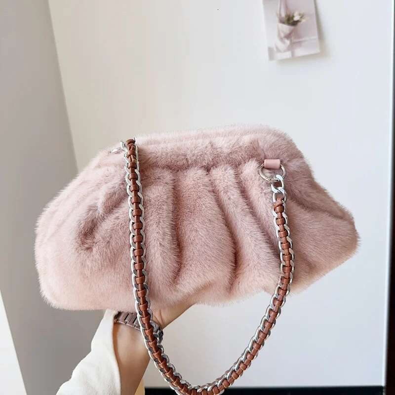 MOODS Pleated Design Faux Fur Shouldrt For Women 2024 Designer Purses And Handbags Winter Warm Soft Plush Hobo Bags