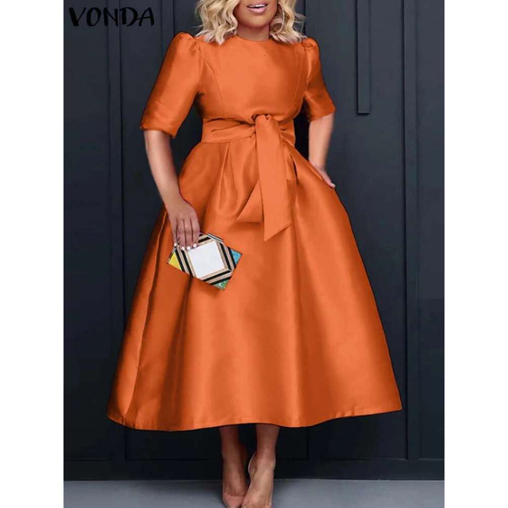 Plus Size Women Stain 2024 Summer Sexy Puff Sleeve Evening Party Dress VONDA Beach Sundres Casual Loose Robe Vestidos