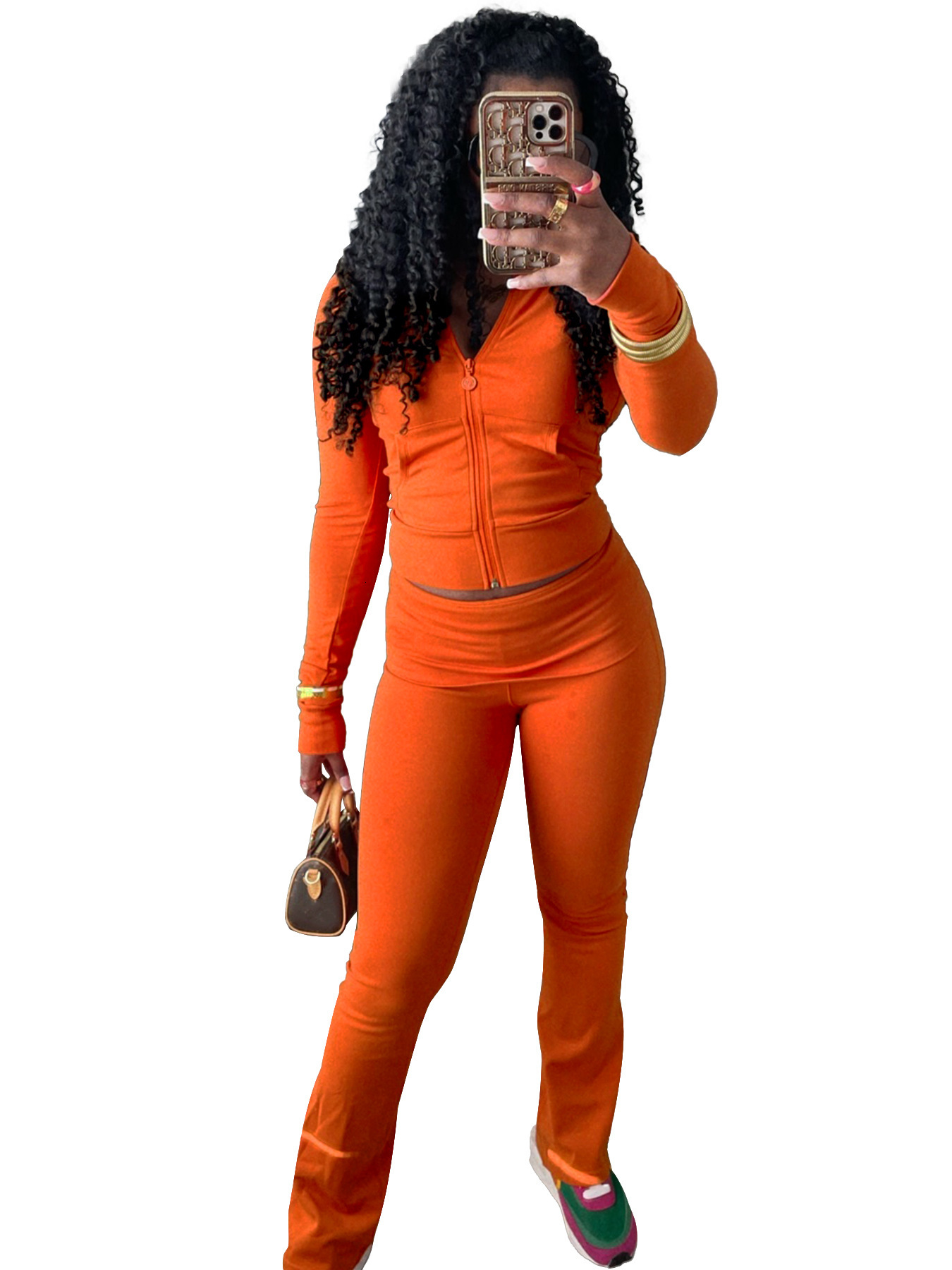 HR24066 Womens Sports and Leisure Tight Zipper Low Waist Folding Micro Horn and Velvet Set