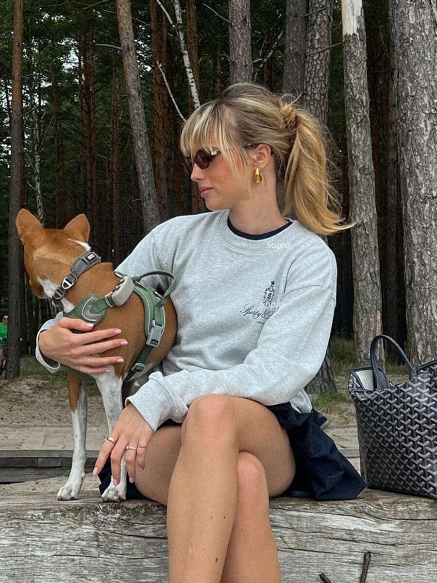 York Letter Graphic Print Sweatshirt Women O-Neck Long Sleeve Sporty Pullover Top Autumn New Vintage Casual Sweatshirts 2024