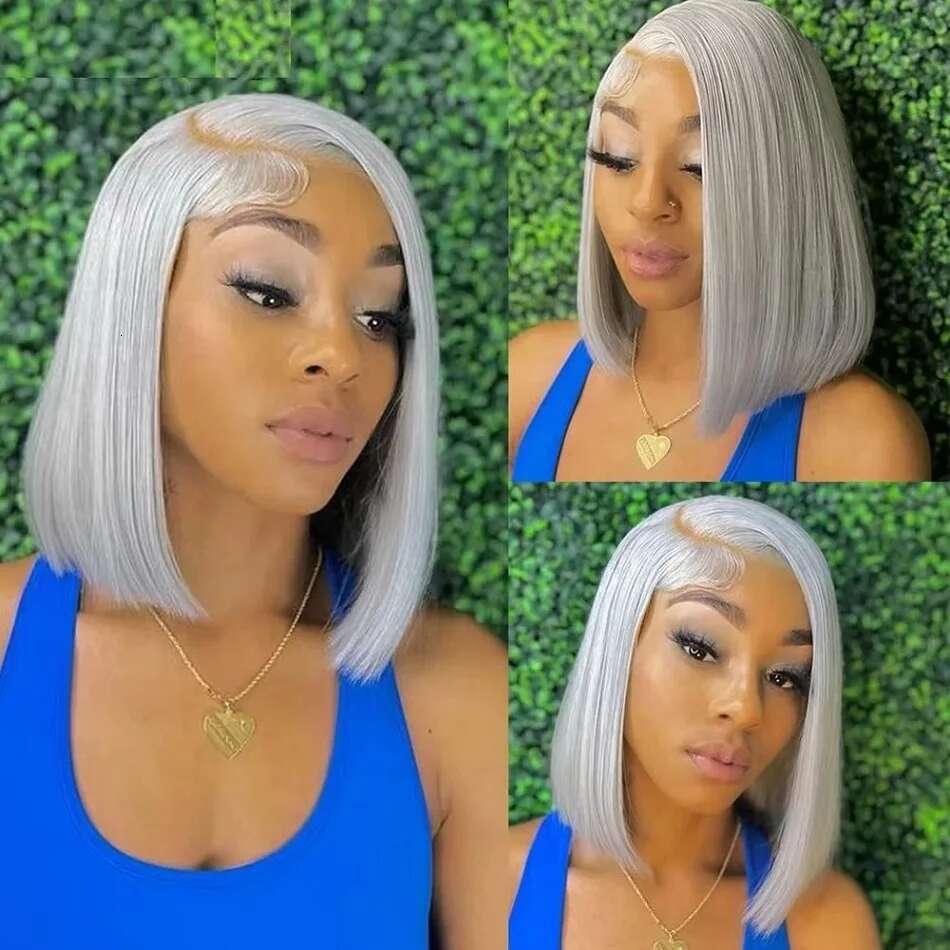 Sier Short Bob Wig Grey Straight 13X4 Lace Transparent Front Wigs Human Hair For Black Women 10 12 14 16 Inch