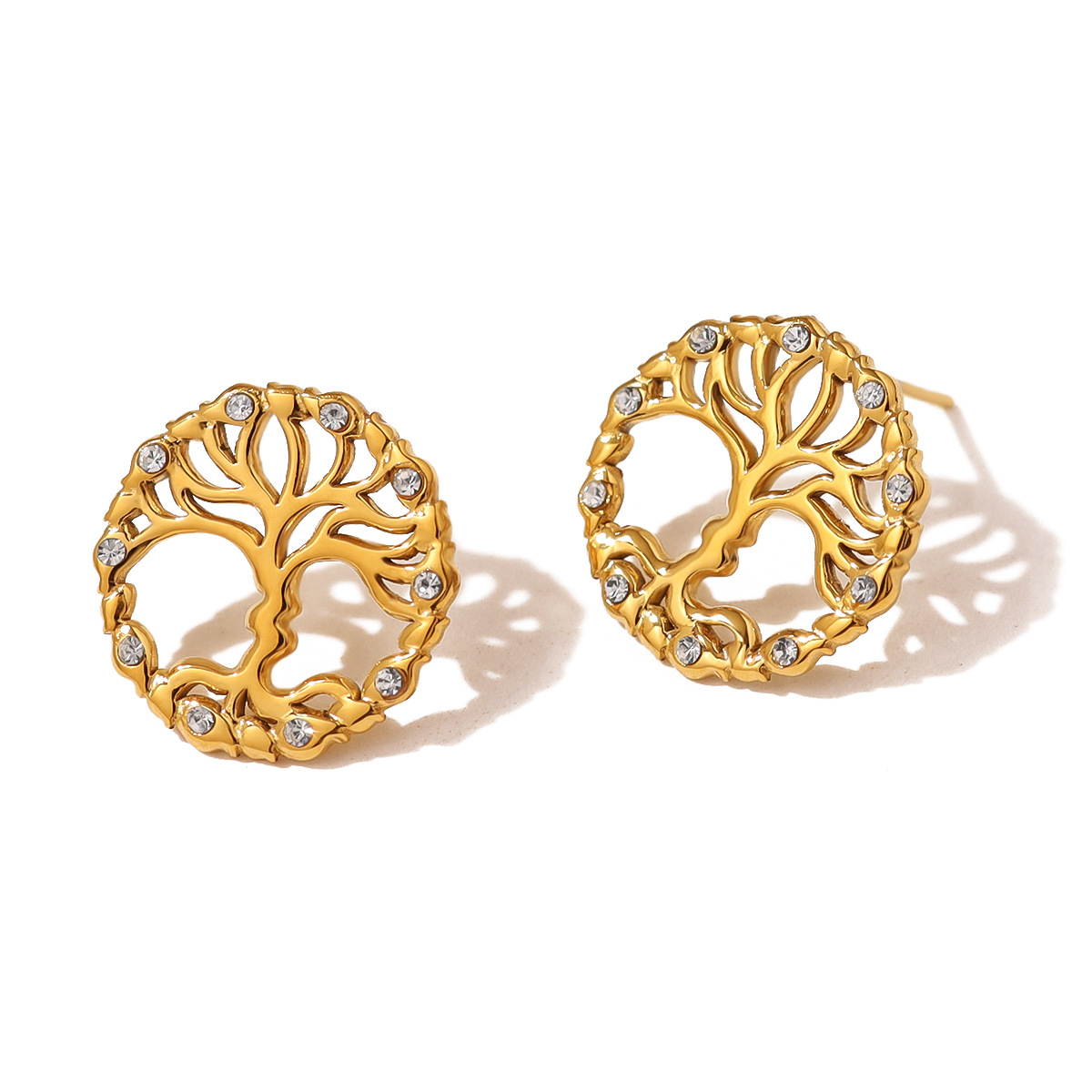 High-End PVD 18K Gold Plated Stainless Steel Hollow Tree of Life Earrings with Crystal Accents, Geometric Heart and Star Design for Women