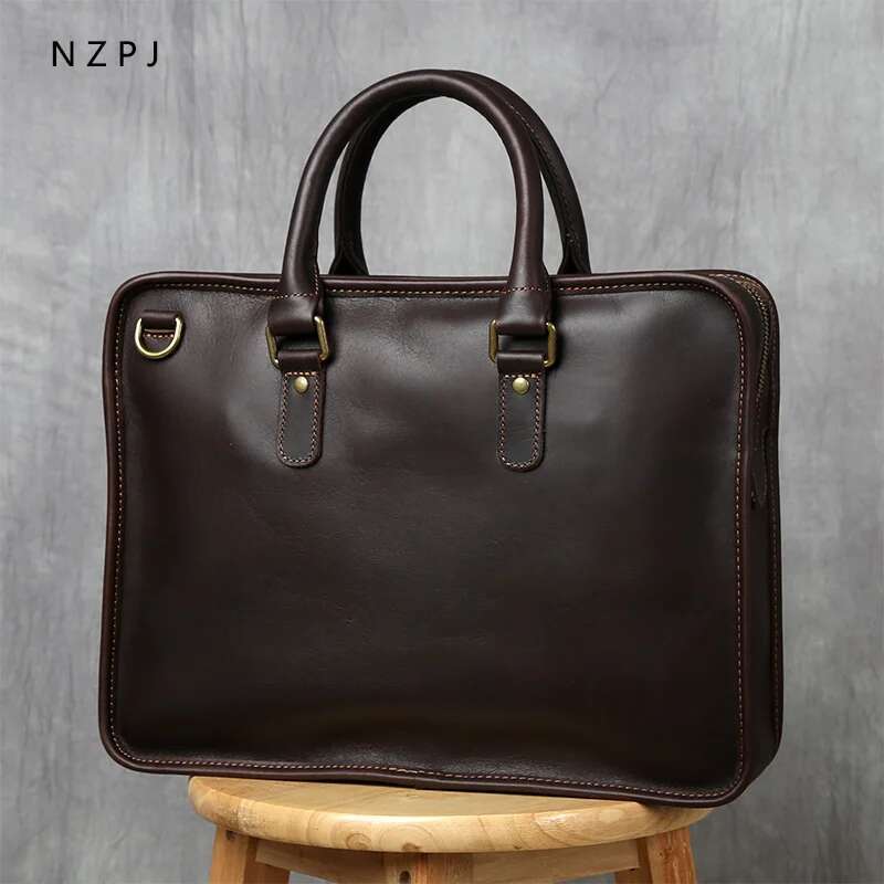 NZPJ Retro Men's Briefcase Leather Laptop Top Layer Cowhide Casual Handbag 14 Inch Business Shoulder Messenger Bag