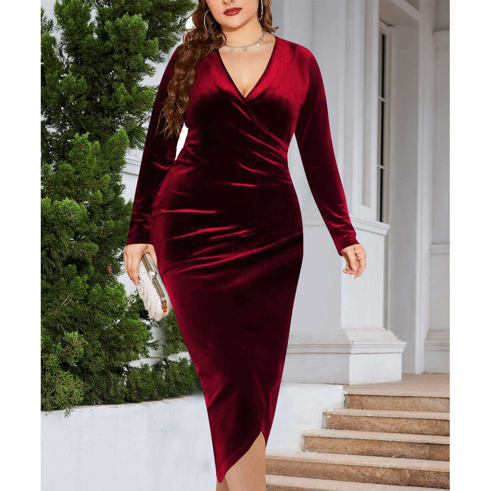 Plus Size Black Dress Designer Dresses Summer Dresses Dress Sexy Buttock Devise Large Long Sleeve Velvet Tight Sexy Pleated Wrap Deep V-neck Party Coc