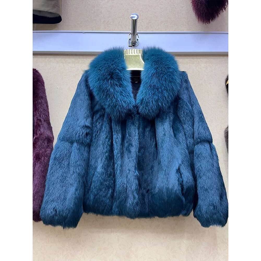 100% Genuine Whole Skin Real Coat With Natural Fox Collar Jacket Full Pelt Rabbit Fur Overcoat