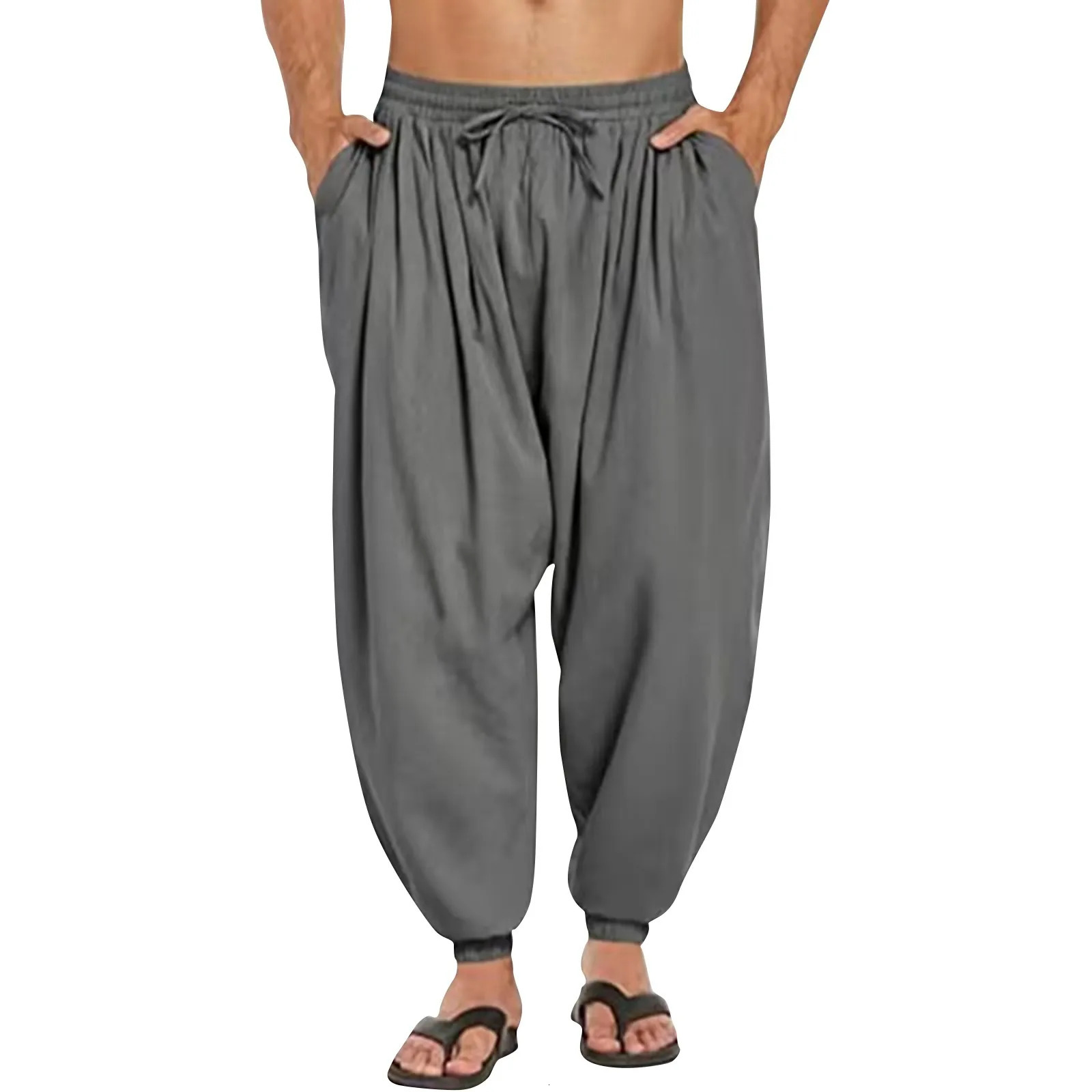 Mens Summer Casual Comfort Loose Drawstring Elastic Waist Front Pocket Cropped Pants Cotton Linen Pleated Thin Pencile Trousers 250515