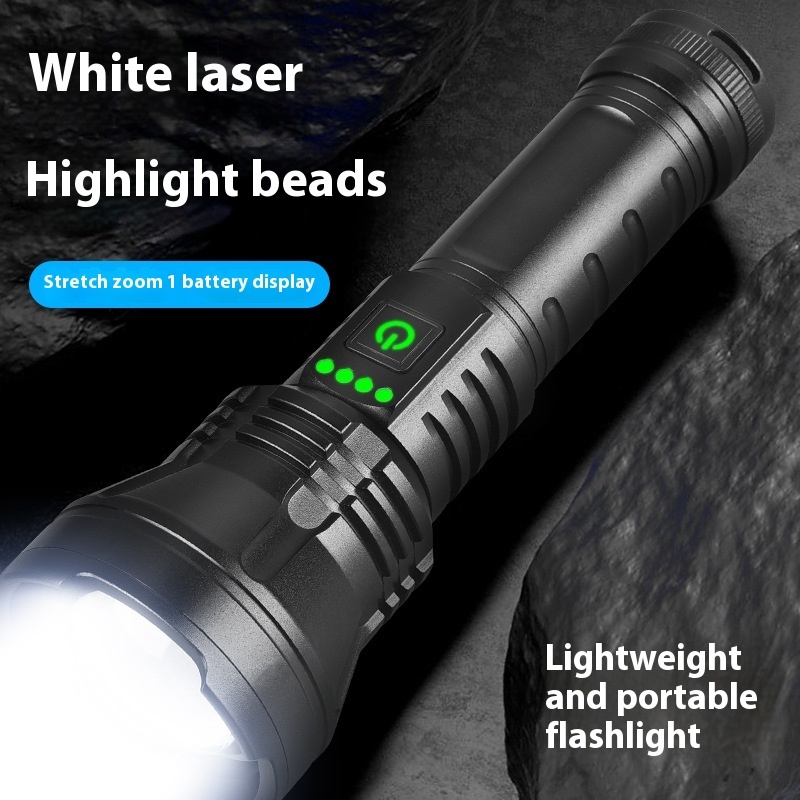New white laser flashlight with strong light zoom, multifunctional tactical distance adjustment, high brighess LED beads, Huawei fast charging