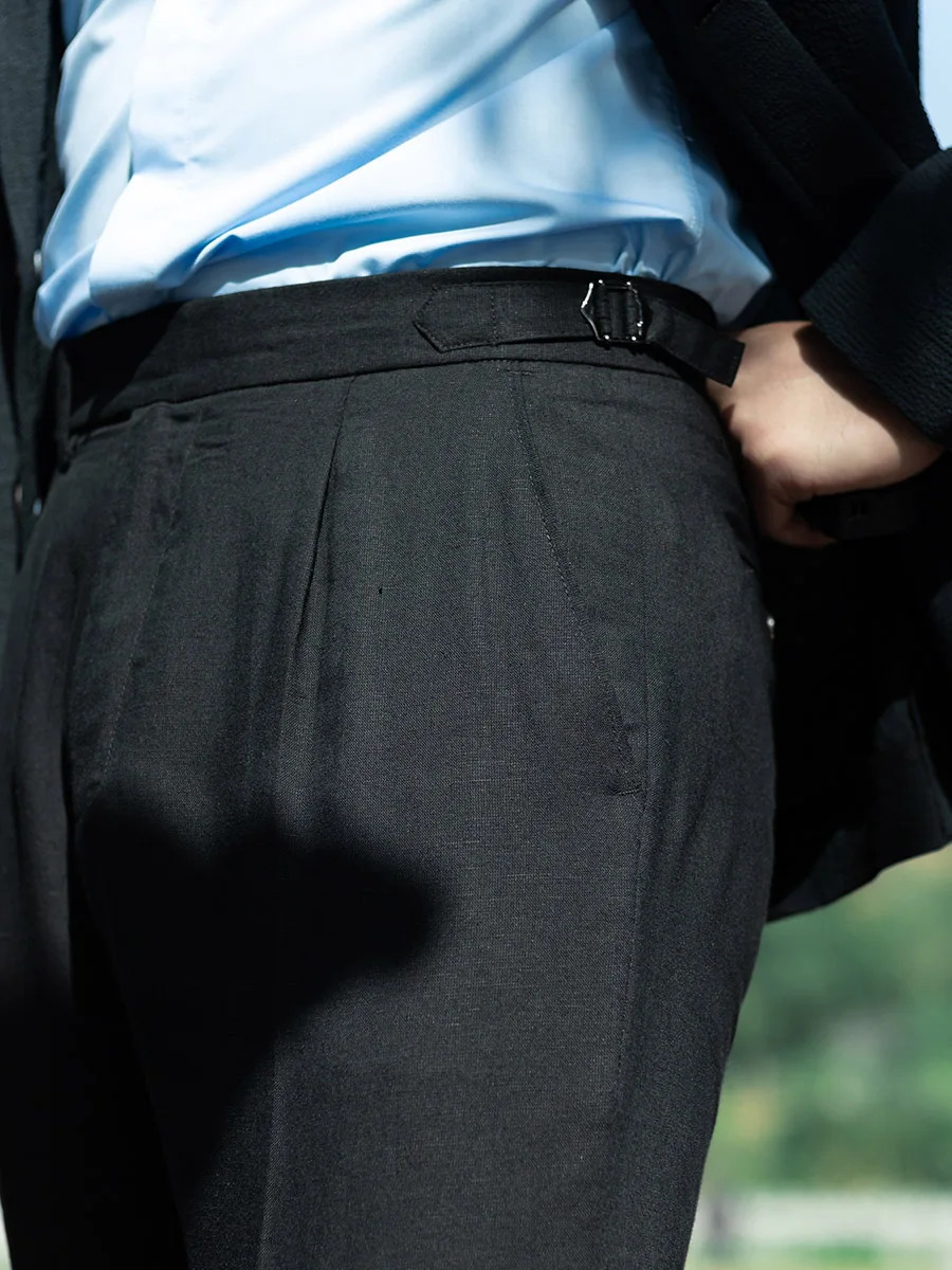Spring and summer black linen Paris button casual pants men Slim microtaper single pleat versatile can be customized large 250515