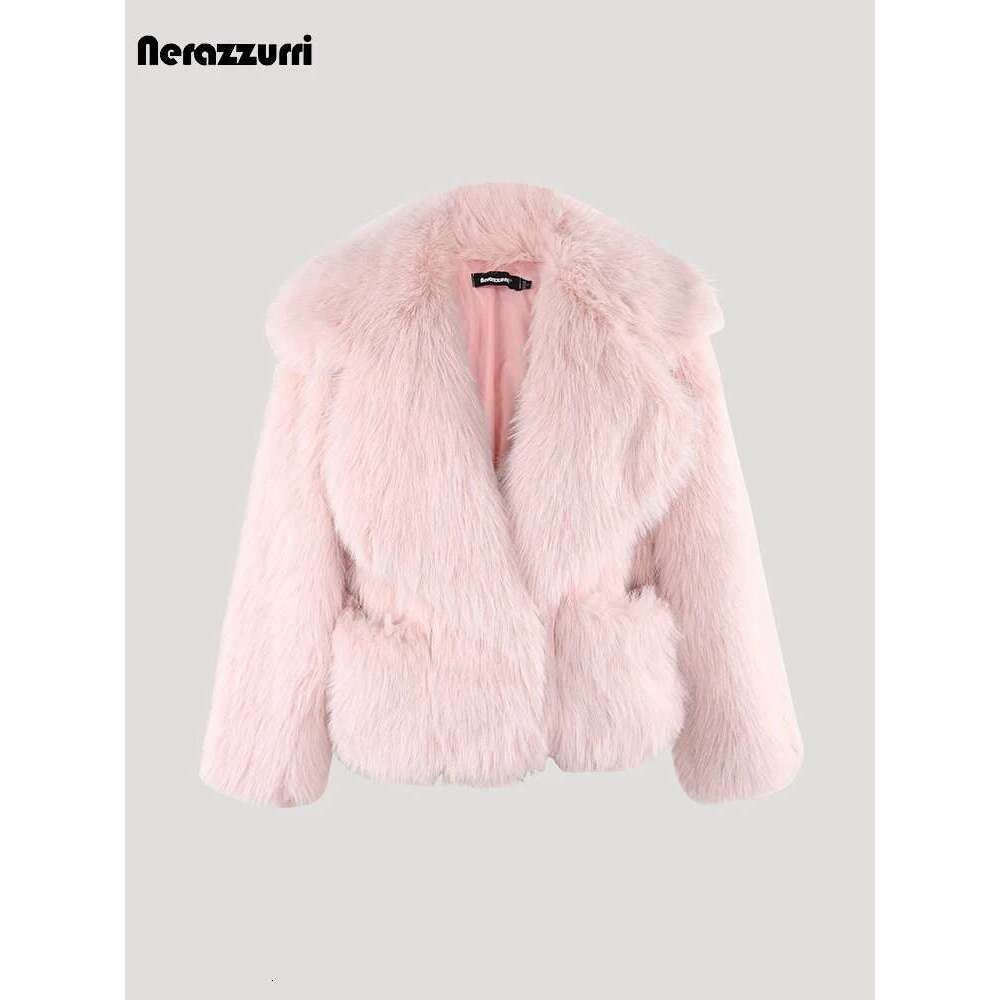 Nerazzurri Winter Short Loose Casual Hairy Soft Thick Warm Pink Faux Fur Coat Women With Big Collar And Pockets Fluffy Jacket